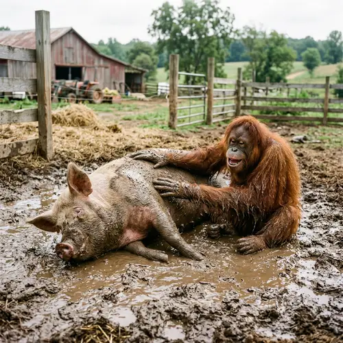 Pig and Orangutan Fun in the Mud | Farm Adventures