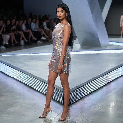 Fashion Model in Clear Plastic Micro Mini Dress on Modern Runway