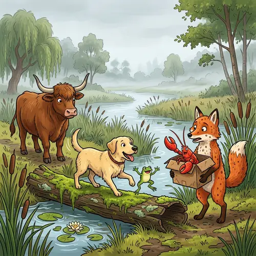 Misty Marshland: Dog, Frog, Fox, Lobster, and Ox - Creative Wildlife Scene