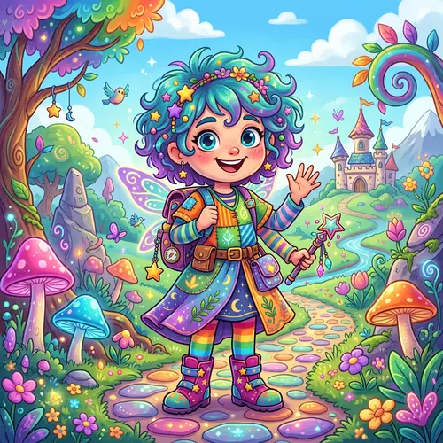 Whimsical Cartoon Character in Vibrant Landscape