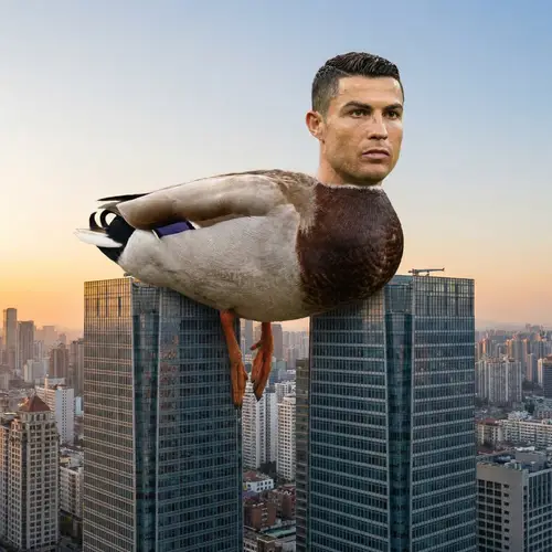 Soccer Player Duck Perched on Skyscrapers