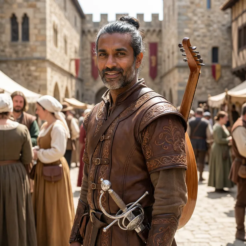 Male Bard with South Asian Descent: Leather Armor, Rapier, Lute