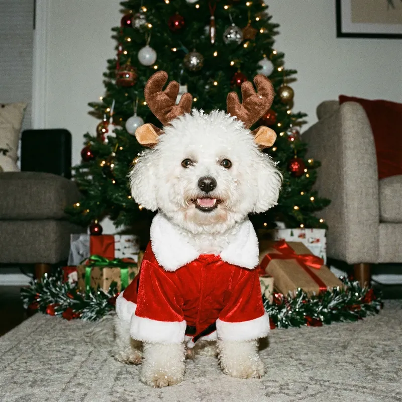 Cute Bichon Frise in Christmas Costume