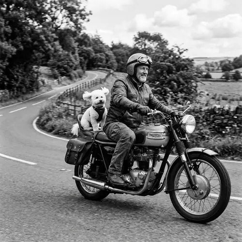 Black and White Bichon Frise Riding on Classic Motorcycle