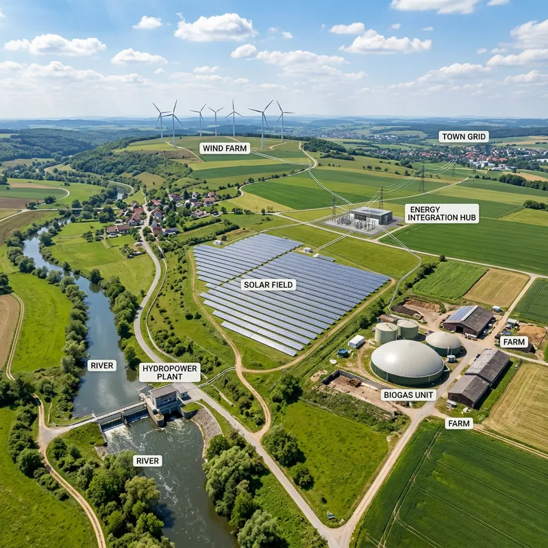 Hybrid Power Supply System with Solar Panels, Wind Turbines, Hydroelectric Generators, & Biogas Unit