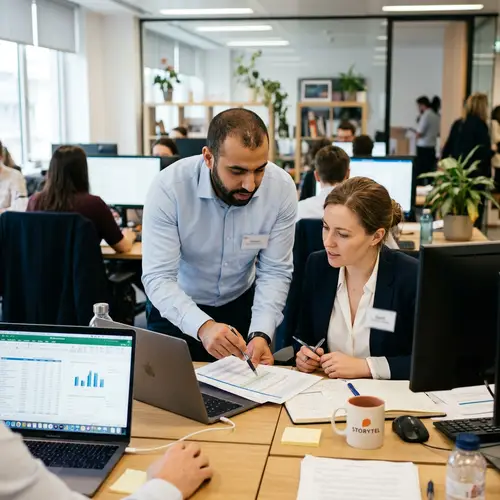 Professional Teamwork: Handsome Man Assists Woman in Candid Moment