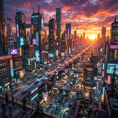 Futuristic Cityscape at Sunset: Cyberpunk Visions