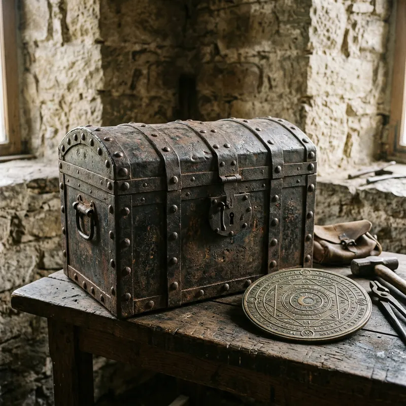 Antique Iron Chest & Patterned Disk - Rustic Decor