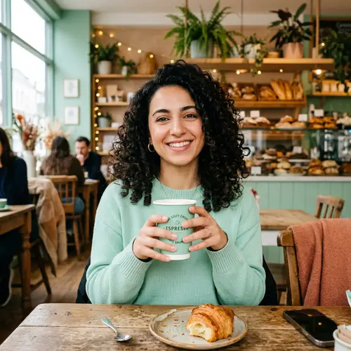 Charming Arab Woman Enjoying Espresso in Cozy Brunch