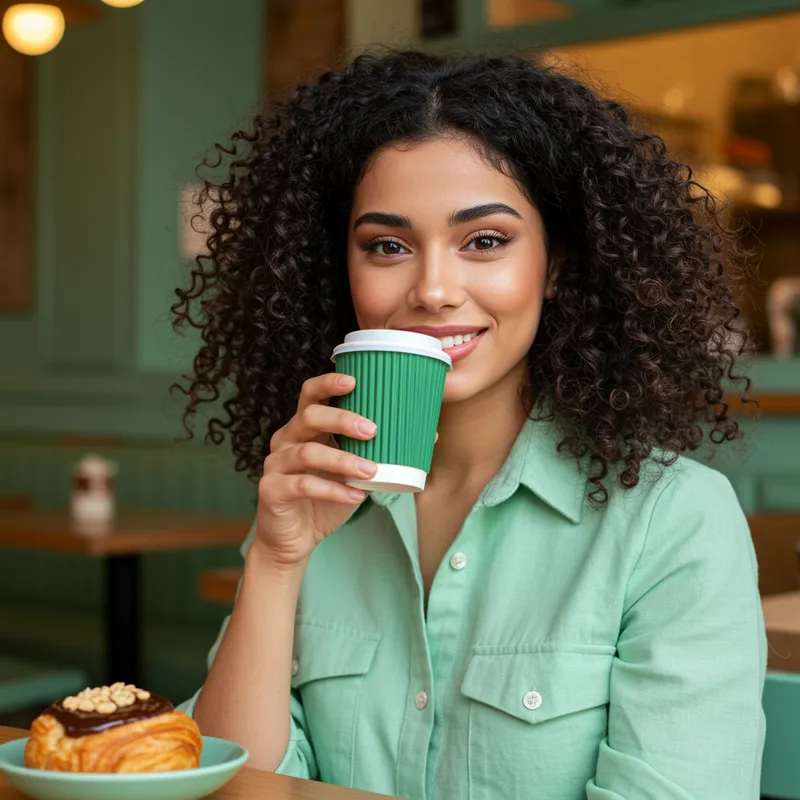 Charming Arab Woman Enjoying Espresso in Cozy Brunch