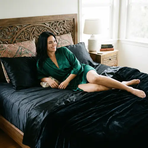 Elegant Woman on Black Silk Bed