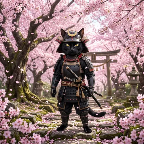 Black Cat Samurai in Pink Cherry Blossom Forest