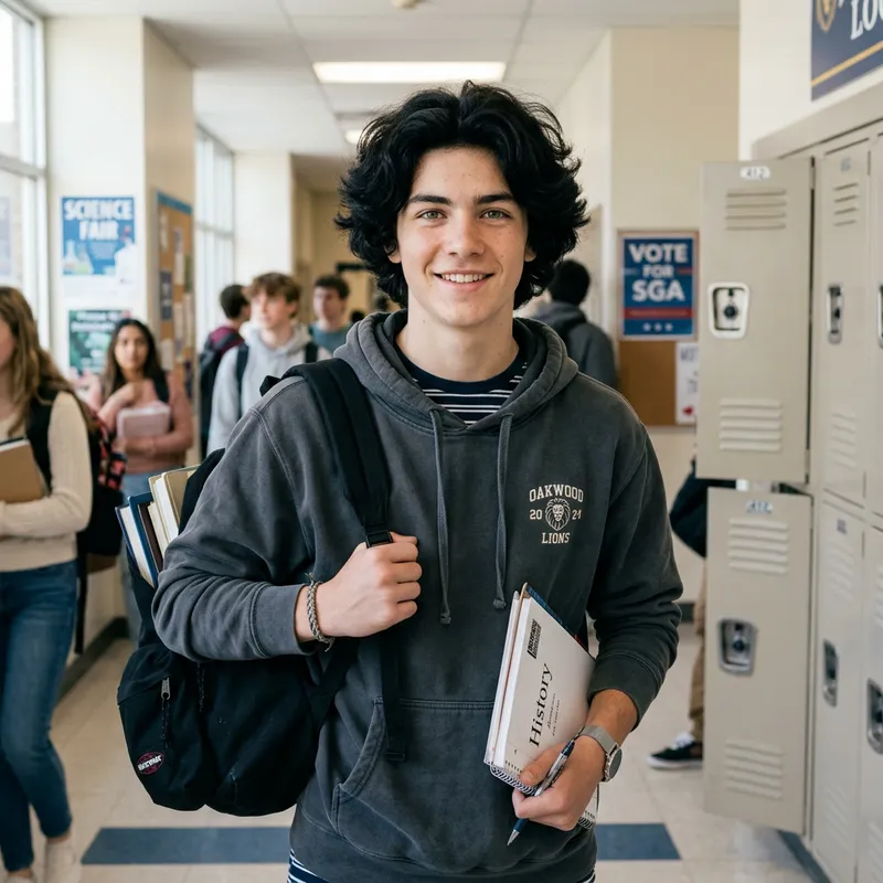 16-Year-Old Caucasian Student with Wavy Black Hair