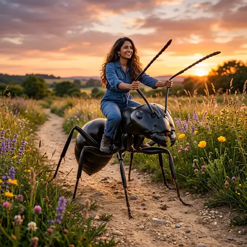 Woman Riding Giant Ant on Sandy Path | Unusual Insect Interaction