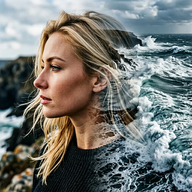Blond Lady Ocean Waves Double Exposure Portrait