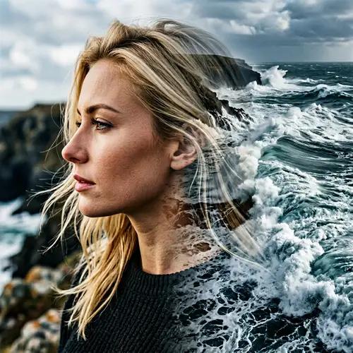 Blonde Lady Double Exposure Ocean Waves Image