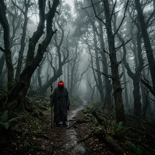 Mysterious Figure in Foggy Forest - Dark Atmosphere