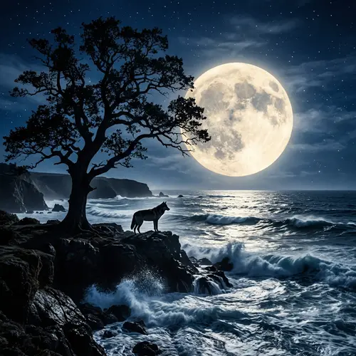 Majestic Moonlit Seascape with Wolf and Tree