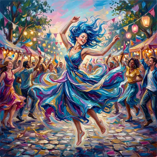 Vibrant Blue Hair Woman Dancing - Impressionist Scene