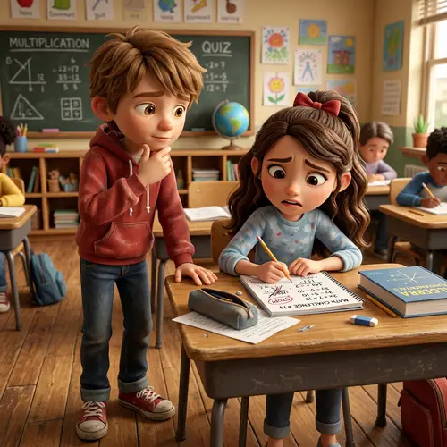 Classic Animation Style 3D Image of Children in Primary School Classroom