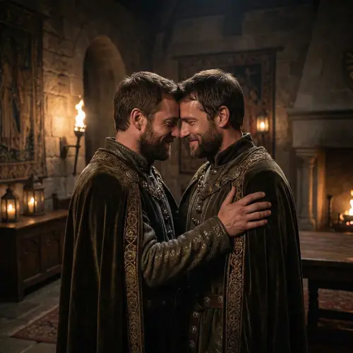 Muscular Caucasian Kings Friendship Embrace | Castle Setting