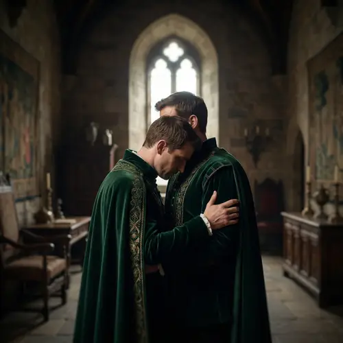 Passionate Embrace of Muscular Princes in Green Capes