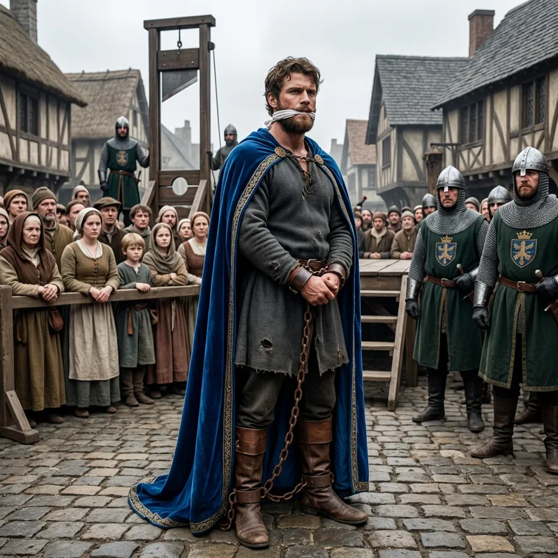 Valiant Caucasian Prince with Brown Beard and Muscular Physique Facing Grim Guillotine Execution