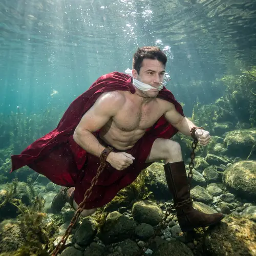 Muscular Prince in Red Cape Submerged Underwater Struggling for Breath
