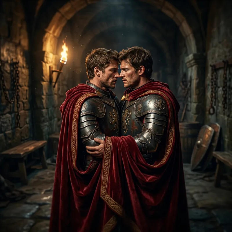 Passionate Embrace of Muscular Princes in Crimson Capes | Renaissance Romance