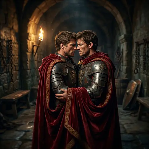Passionate Embrace of Muscular Princes in Red Capes | Romantic Fantasy Genre