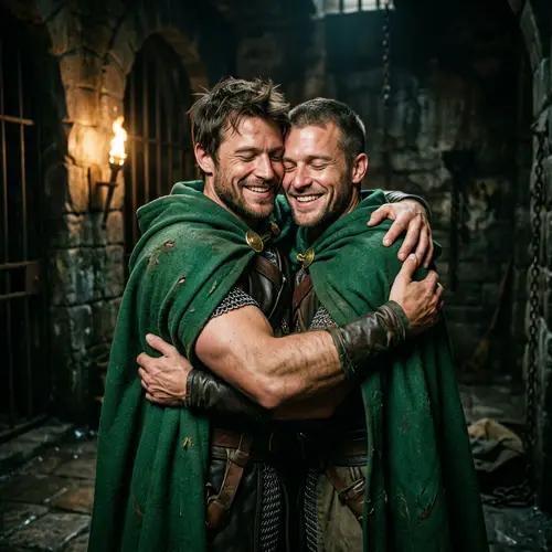 Muscular White Princes Embrace in Emerald Green Capes
