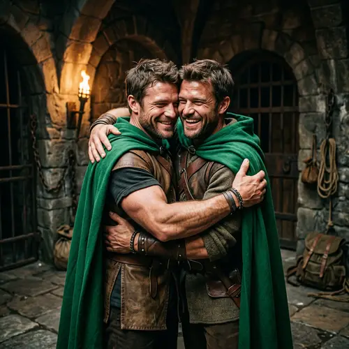 Muscular Adventures Embracing in Bright Green Capes