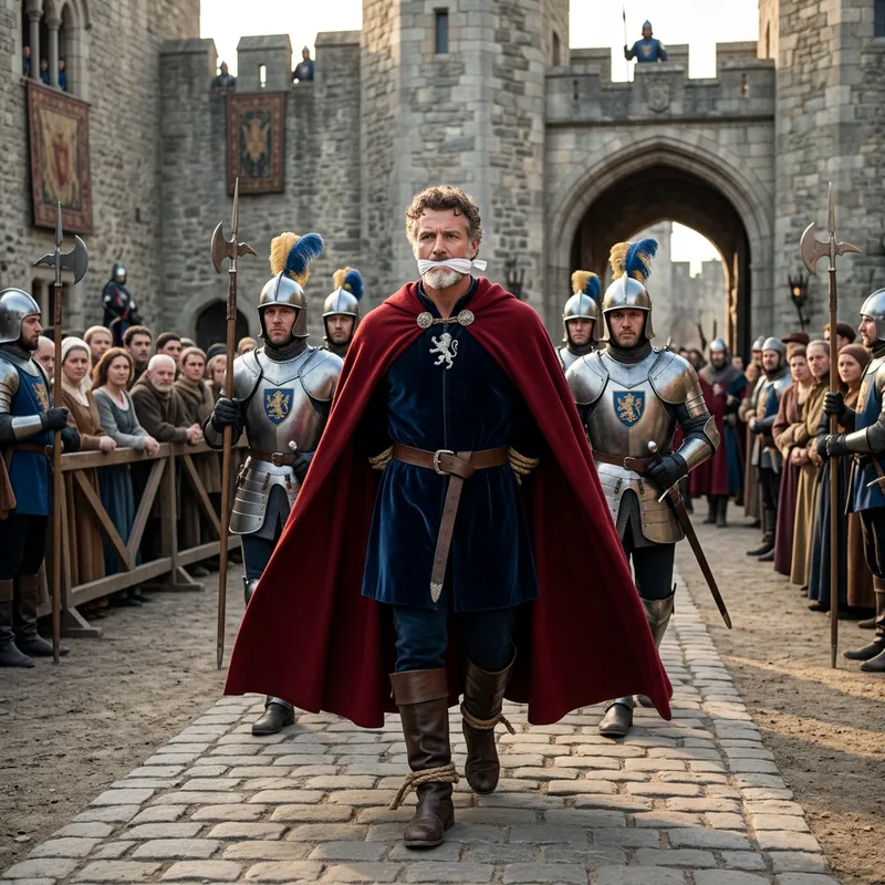 Strong White Bearded Prince in Vibrant Red Cape and Brown Boots