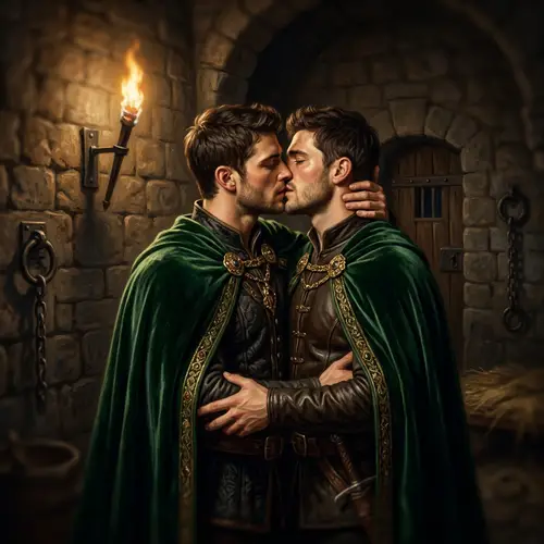 Passionate Embrace of Two White Princes in Green Capes
