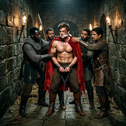 Muscular Prince Arrested by Guards: Vulnerability and Strength