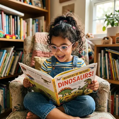 Curious 5-Year-Old Girl with Glasses and a Book