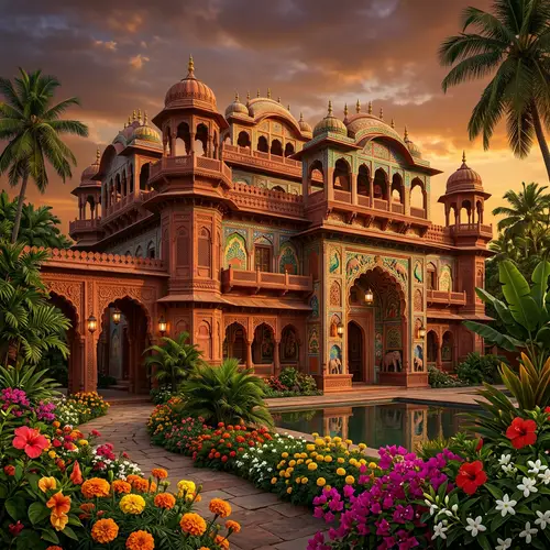 Traditional Indian Style Architecture with Vivid Colors and Intricate Carvings