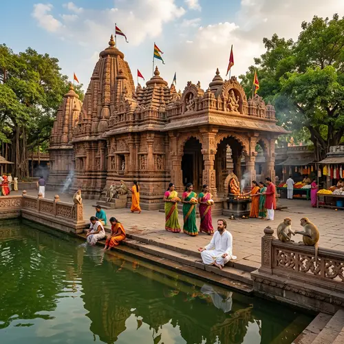 Traditional Indian Spiritual Site with Ornate Architecture | Tranquil Ambience