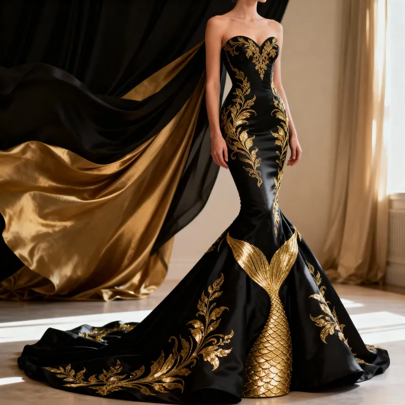 Elegant Black & Gold Mermaid Dress - Unique Design