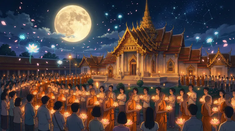 Makha Bucha Day: Candlelight Celebration in Anime Style