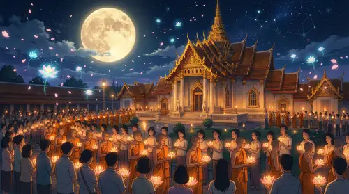 Makha Bucha Day: Candlelight Celebration in Anime Style