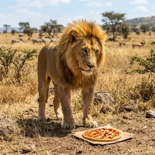 Curious Lion Interacting with Pizza in Natural Habitat