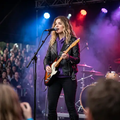 Woman on Stage with Guitar: Leather & Hoodie Style