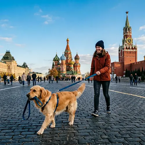 Red Square Dog Walking Scene - Serene Architecture View