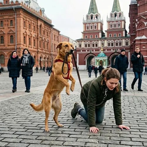 Unusual Scene in Historical Square with Dog and Human