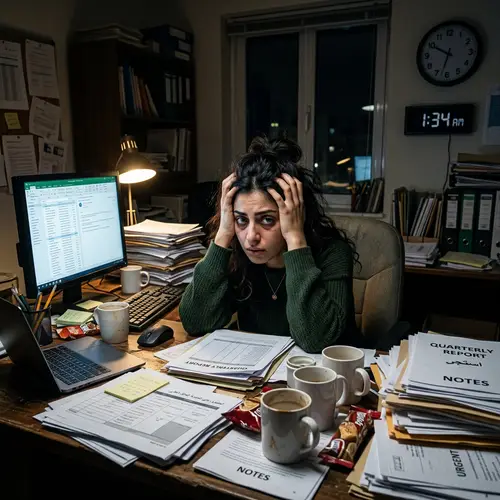 Overwhelmed Middle-Eastern Woman at Late-Night Office Desk