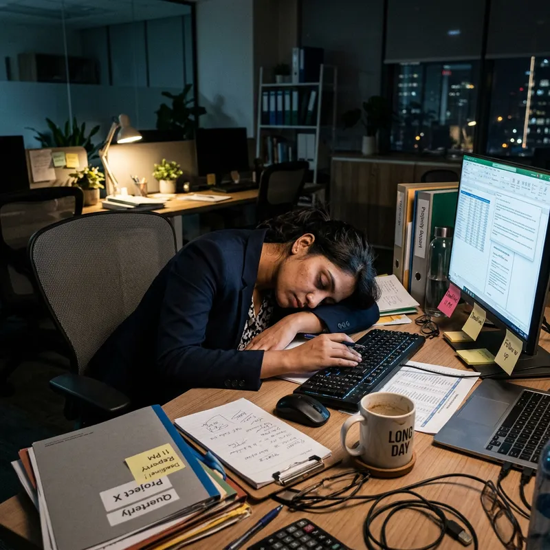 Exhausted Professional in Modern Office Setting