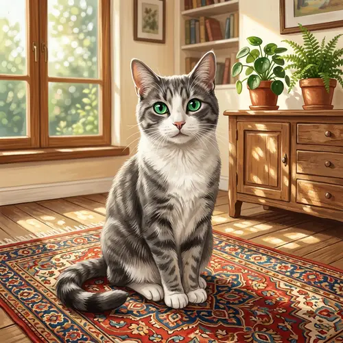 Mesmerizing Gray and White Domestic Cat Illustration on Vintage Rug