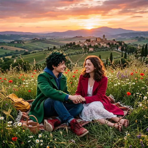 Izuku Midoriya and Anna Scervino in a Scenic Meadow