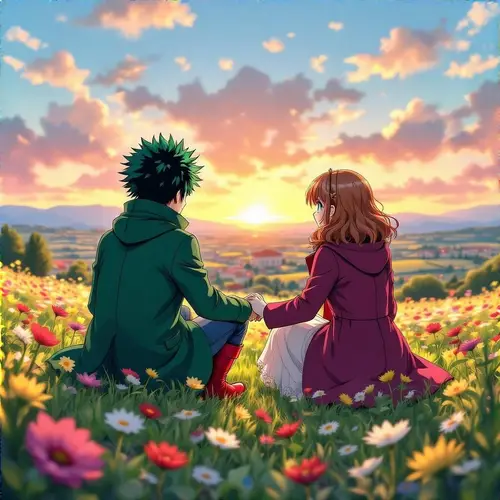Izuku Midoriya and Anna Scervino in a Scenic Meadow